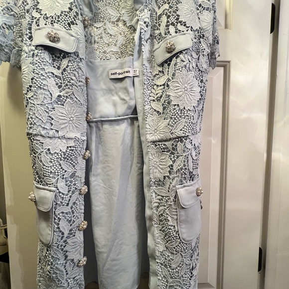 Blue lace mini Self-Portrait dress with crystal belt and cute button details. - Picture 7 of 8